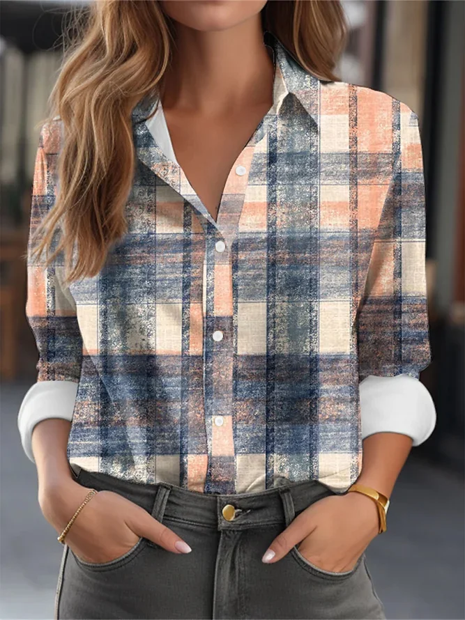 Shirt Collar Long Sleeve Plaid Printing Regular Loose Shirt For Women