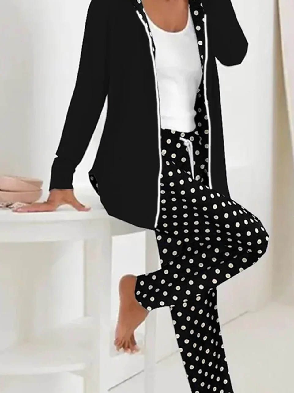 Women Polka Dots Hoodie Long Sleeve Comfy Casual Coat With Pants Two-Piece Set