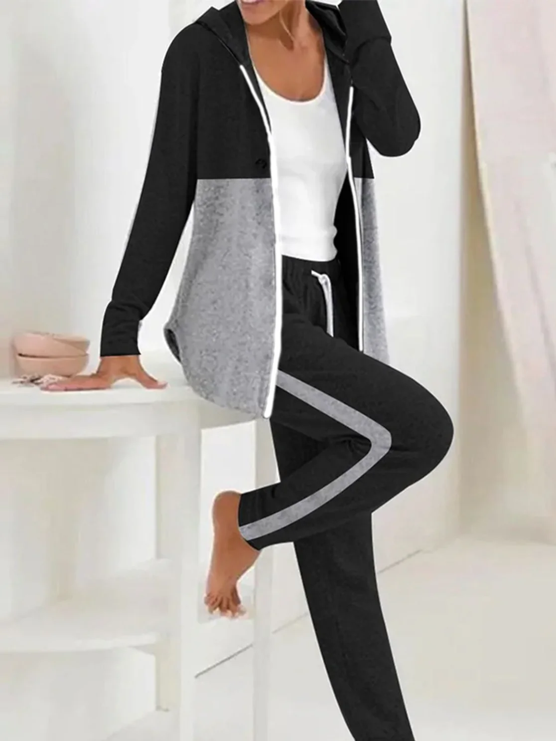 Women Color Block Hoodie Long Sleeve Comfy Casual Coat With Pants Two-Piece Set