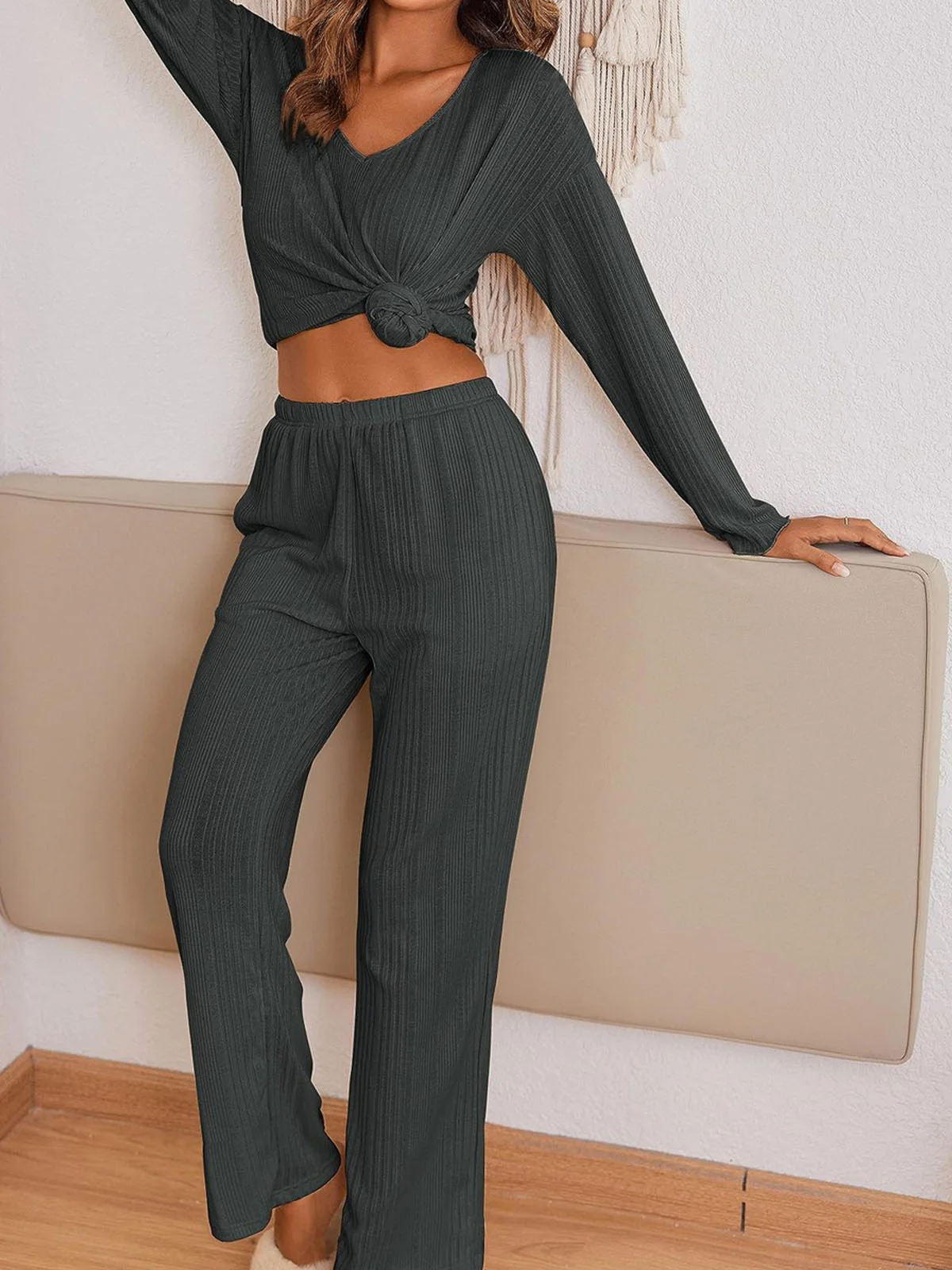 Women Plain V Neck Long Sleeve Comfy Casual Top With Pants Two-Piece Set