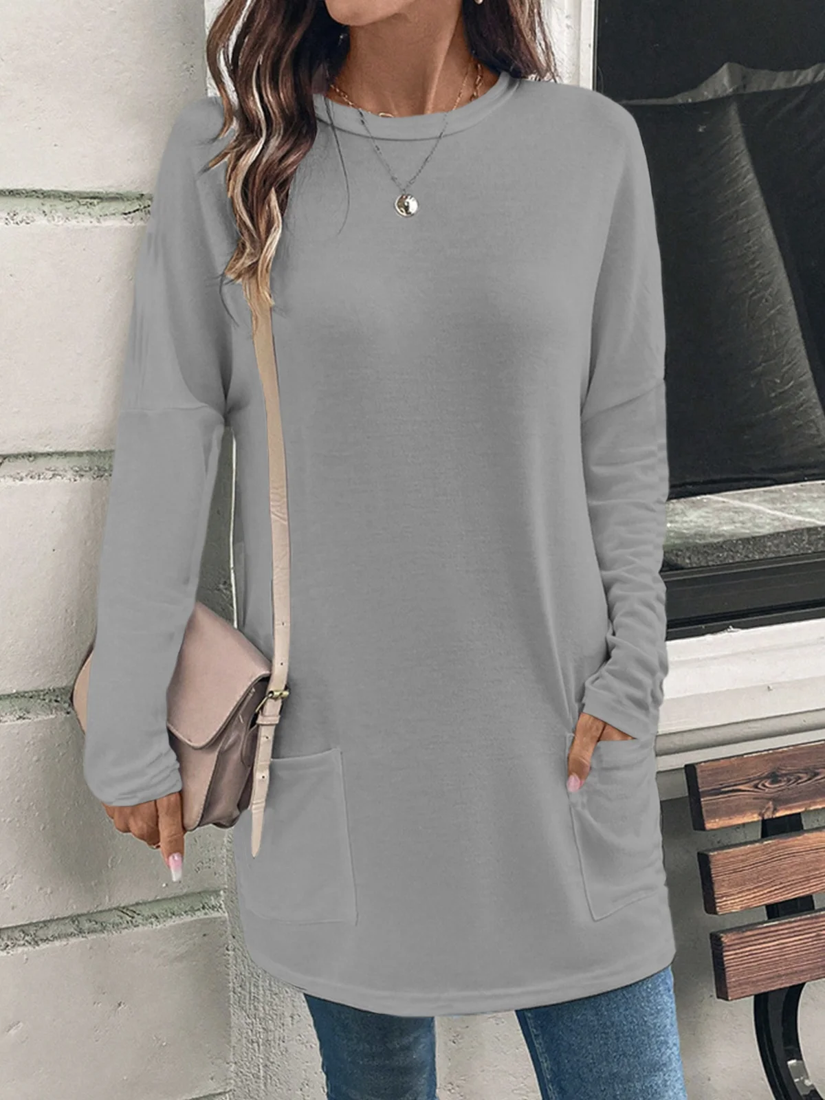 Crew Neck Long Sleeve Plain Regular Micro-Elasticity Loose Blouse For Women