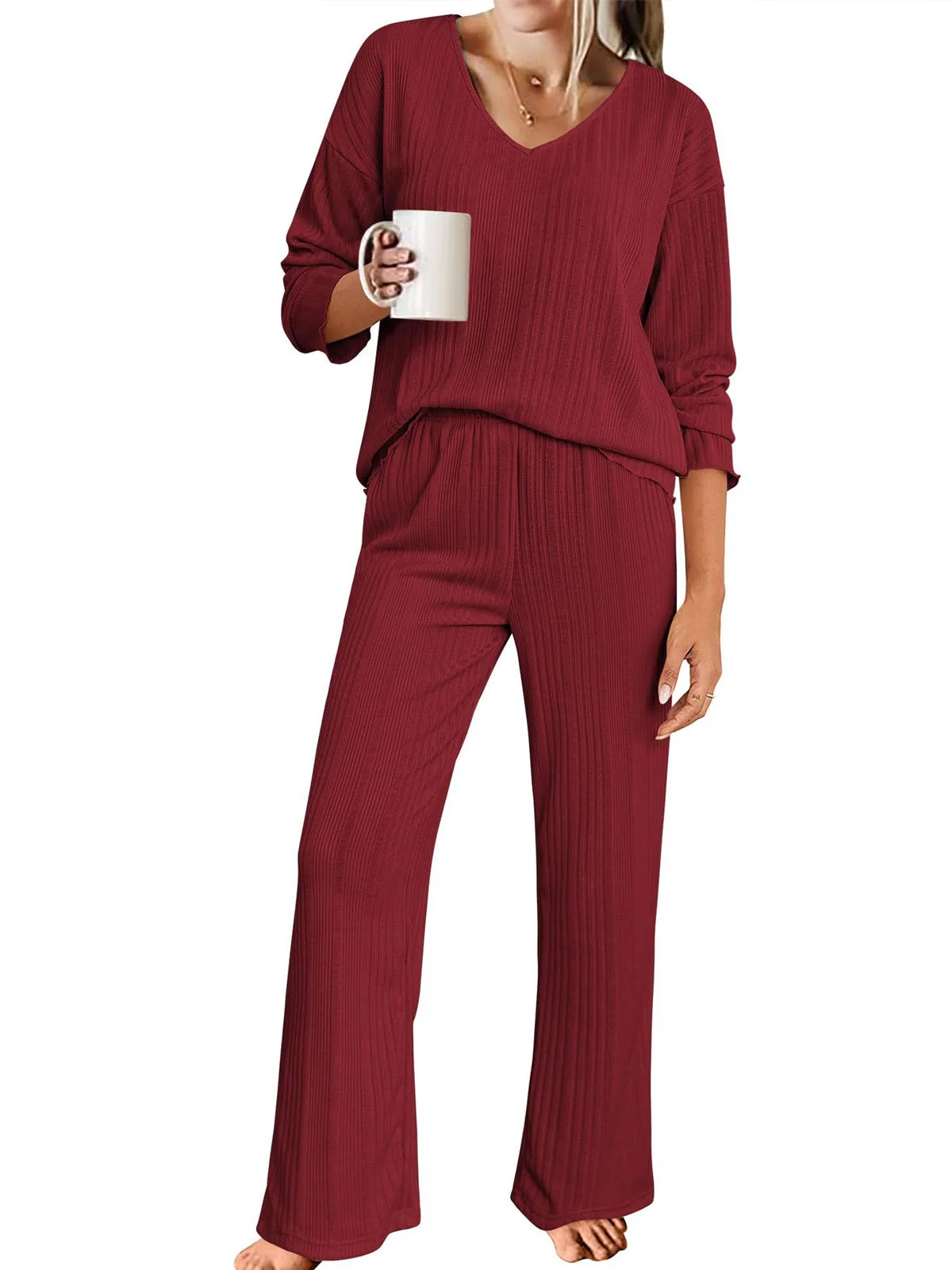 Women Plain V Neck Long Sleeve Comfy Casual Top With Pants Two-Piece Set