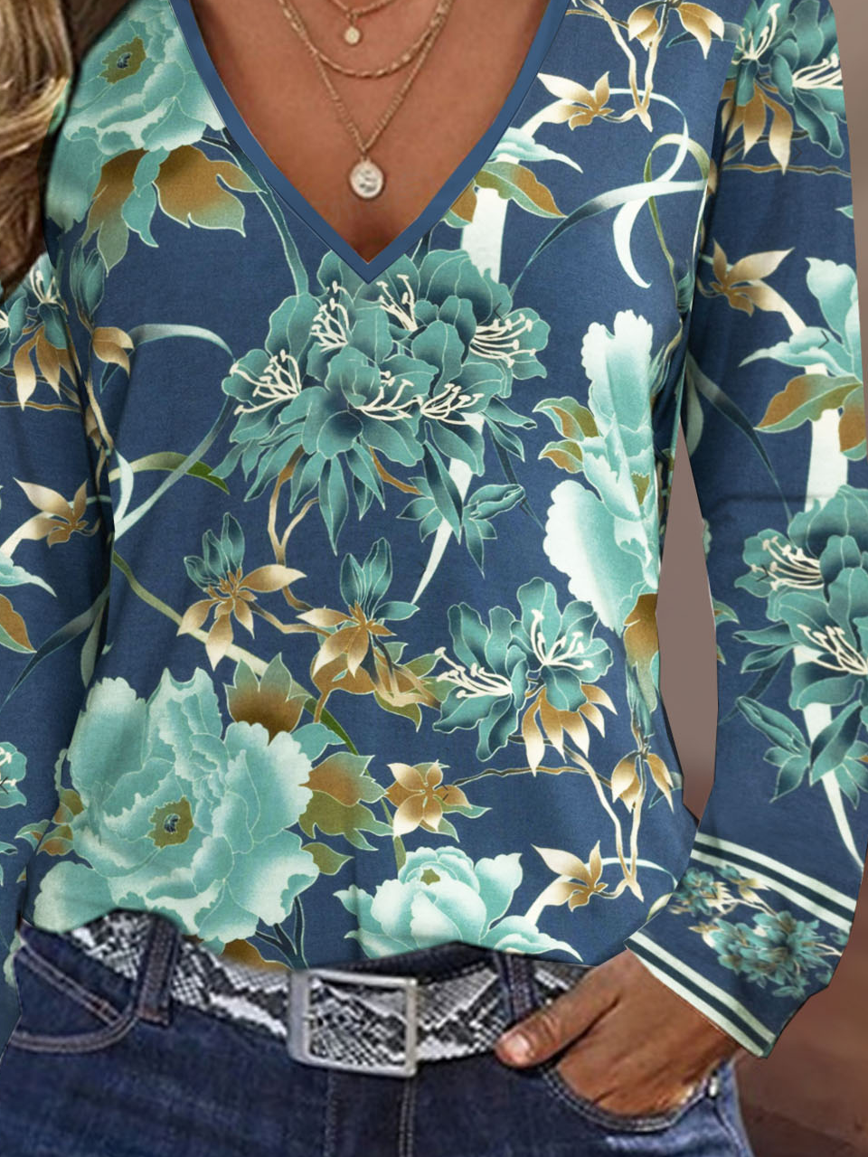 Casual Floral V Neck Long Sleeve T-shirt