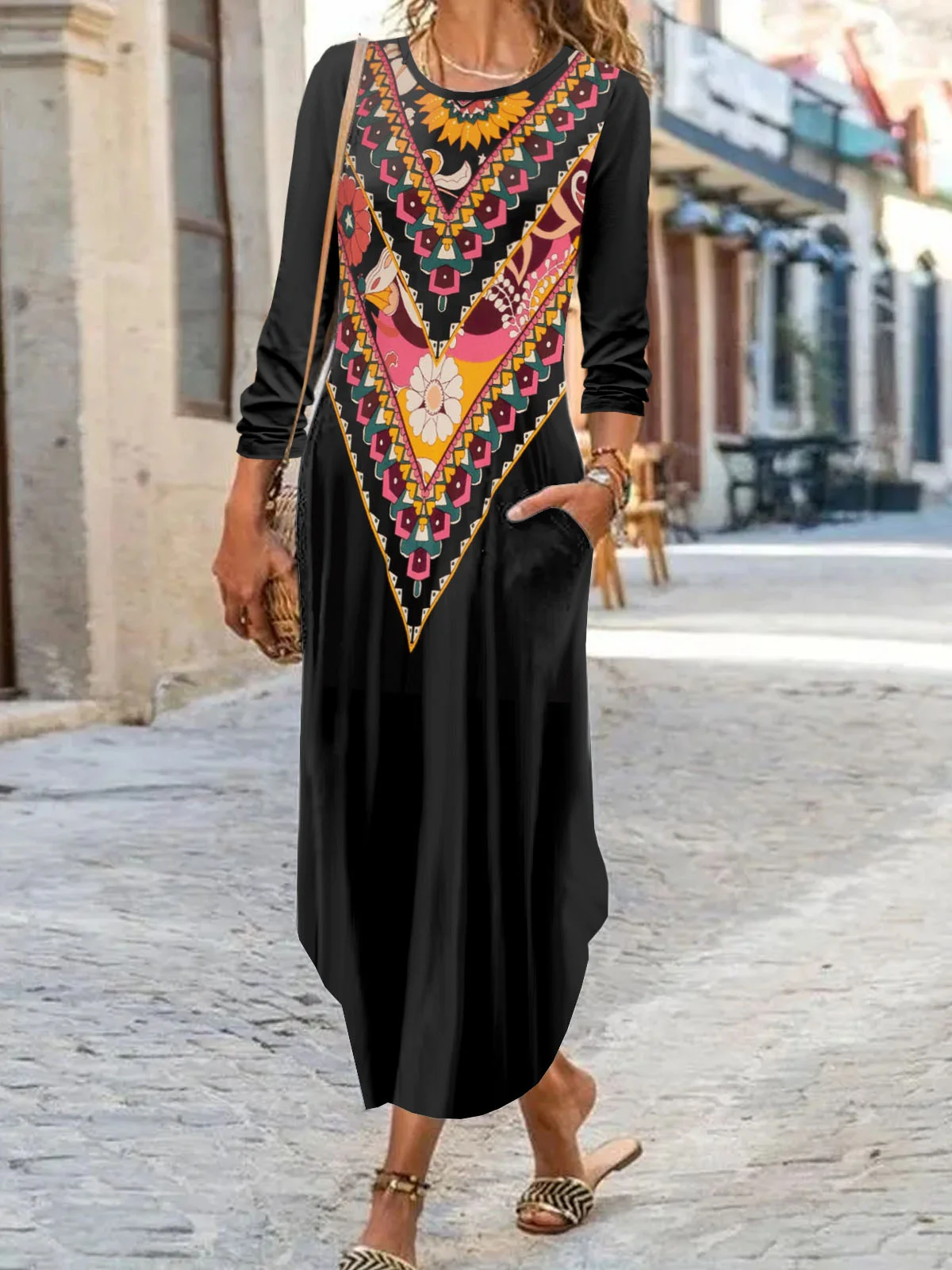 Women Ethnic Crew Neck Long Sleeve Comfy Casual Maxi Dress