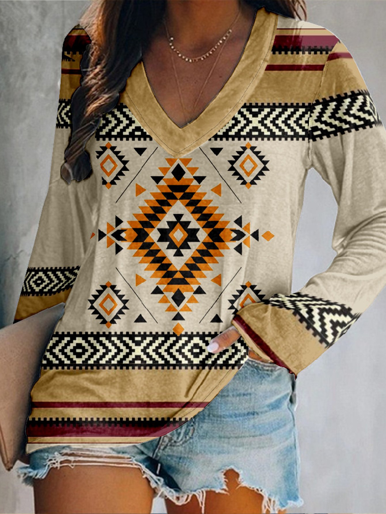 Vintage Ethnic Geometry V Neck Long Sleeve T-shirt