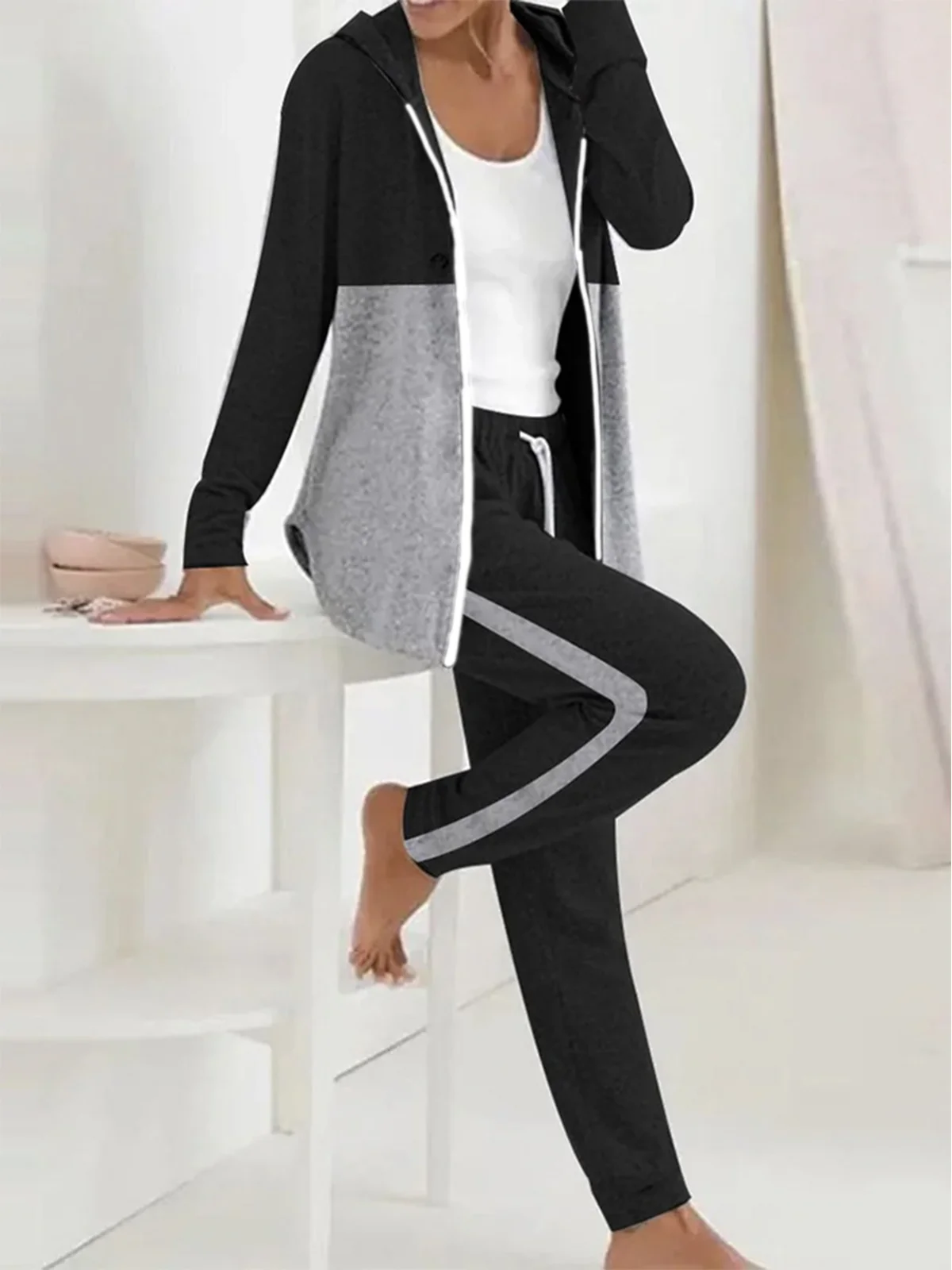 Women Color Block Hoodie Long Sleeve Comfy Casual Coat With Pants Two-Piece Set