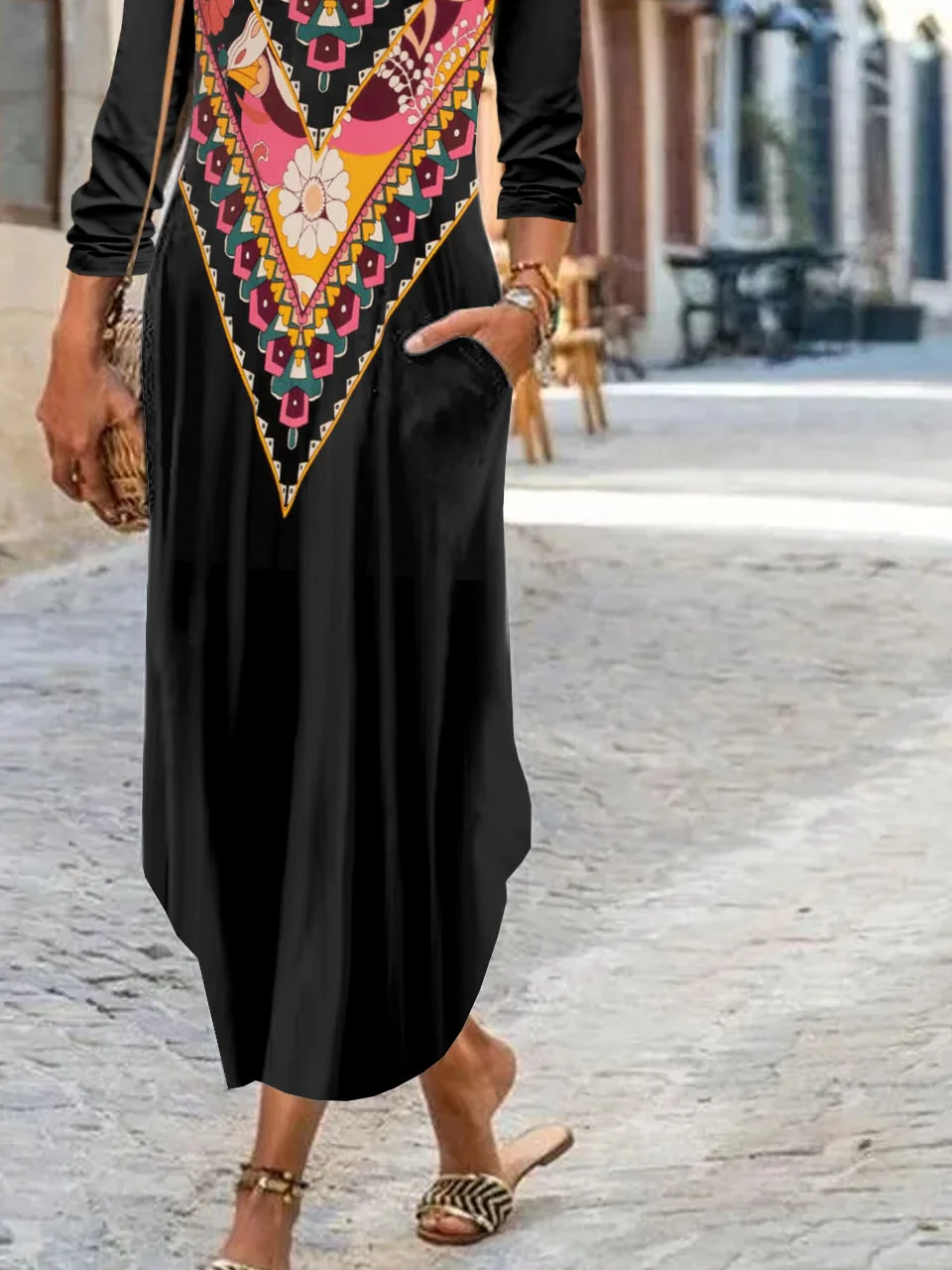 Women Ethnic Crew Neck Long Sleeve Comfy Casual Maxi Dress