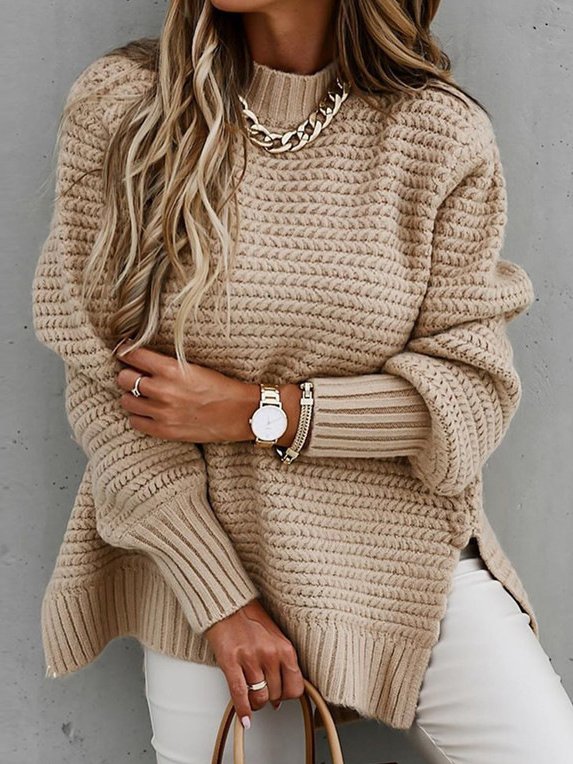 Women Yarn/Wool Yarn Plain Long Sleeve Comfy Casual Sweater