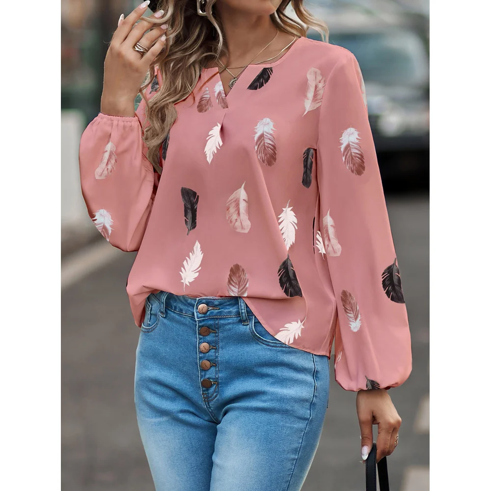 Crew Neck Long Sleeve Leaf Regular Micro-Elasticity Loose Blouse For Women