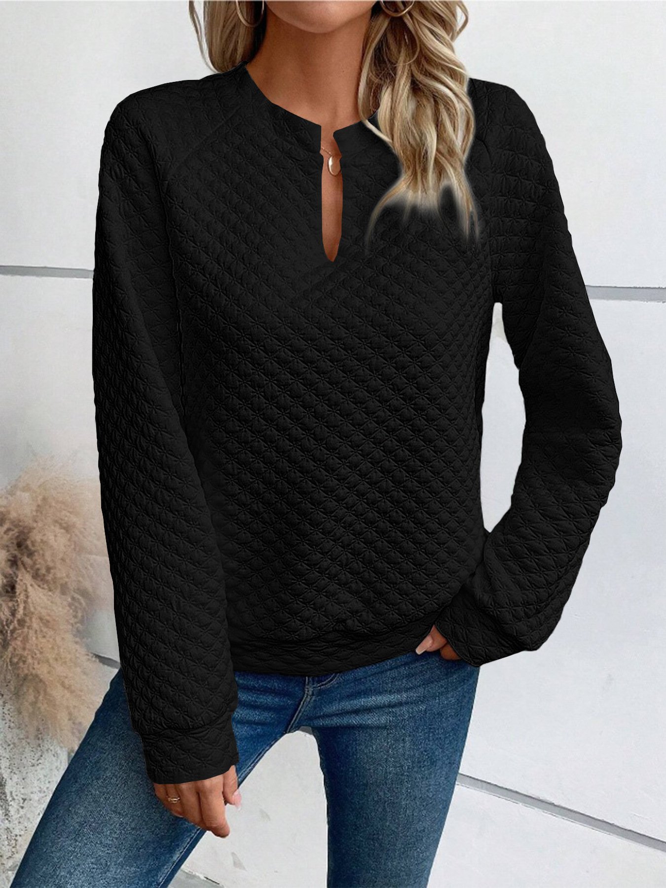 Casual V Neck Plain Sweatshirt Zipper