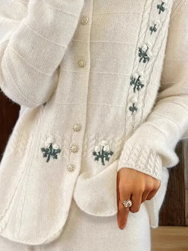 Women Yarn/Wool Yarn Floral Long Sleeve Comfy Casual Buttoned Cardigan