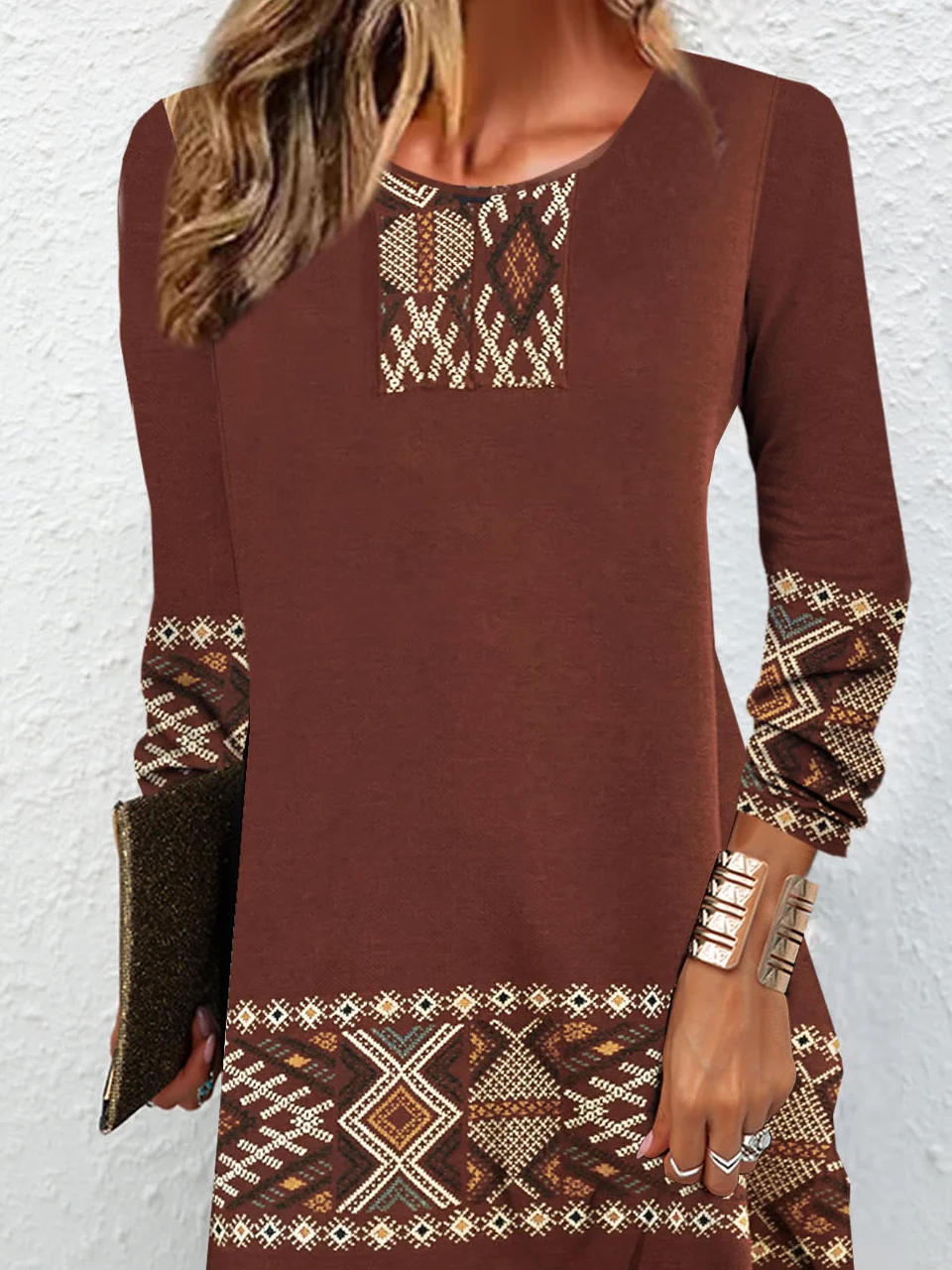 Women Ethnic Crew Neck Long Sleeve Comfy Vintage Mini Dress