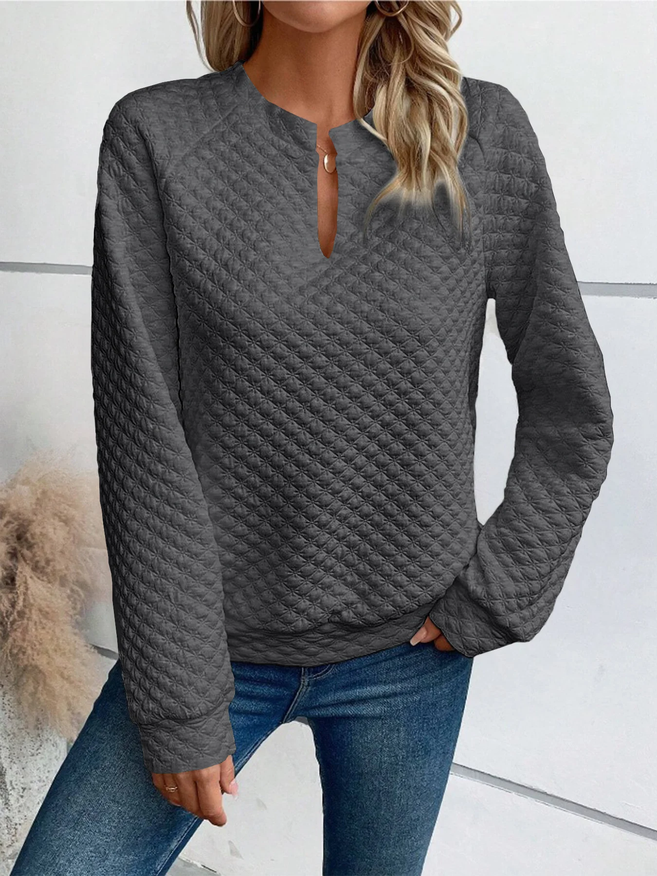 Casual V Neck Plain Sweatshirt Zipper