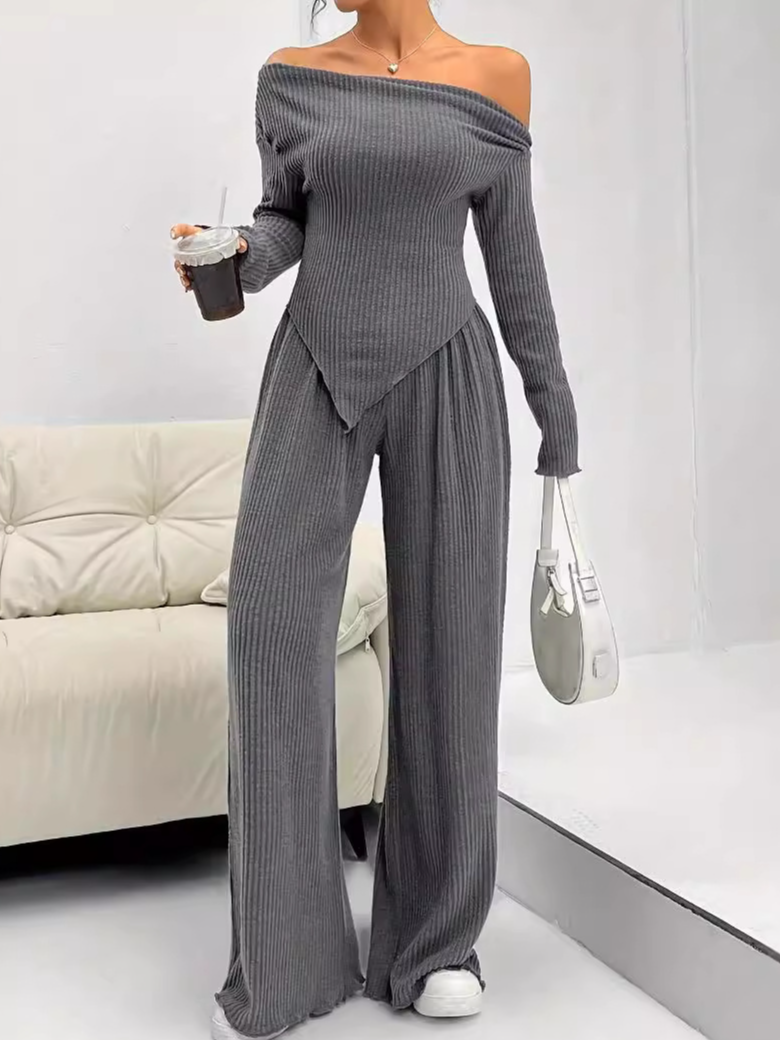 Women Plain Long Sleeve Comfy Casual Top With Pants Two-Piece Set