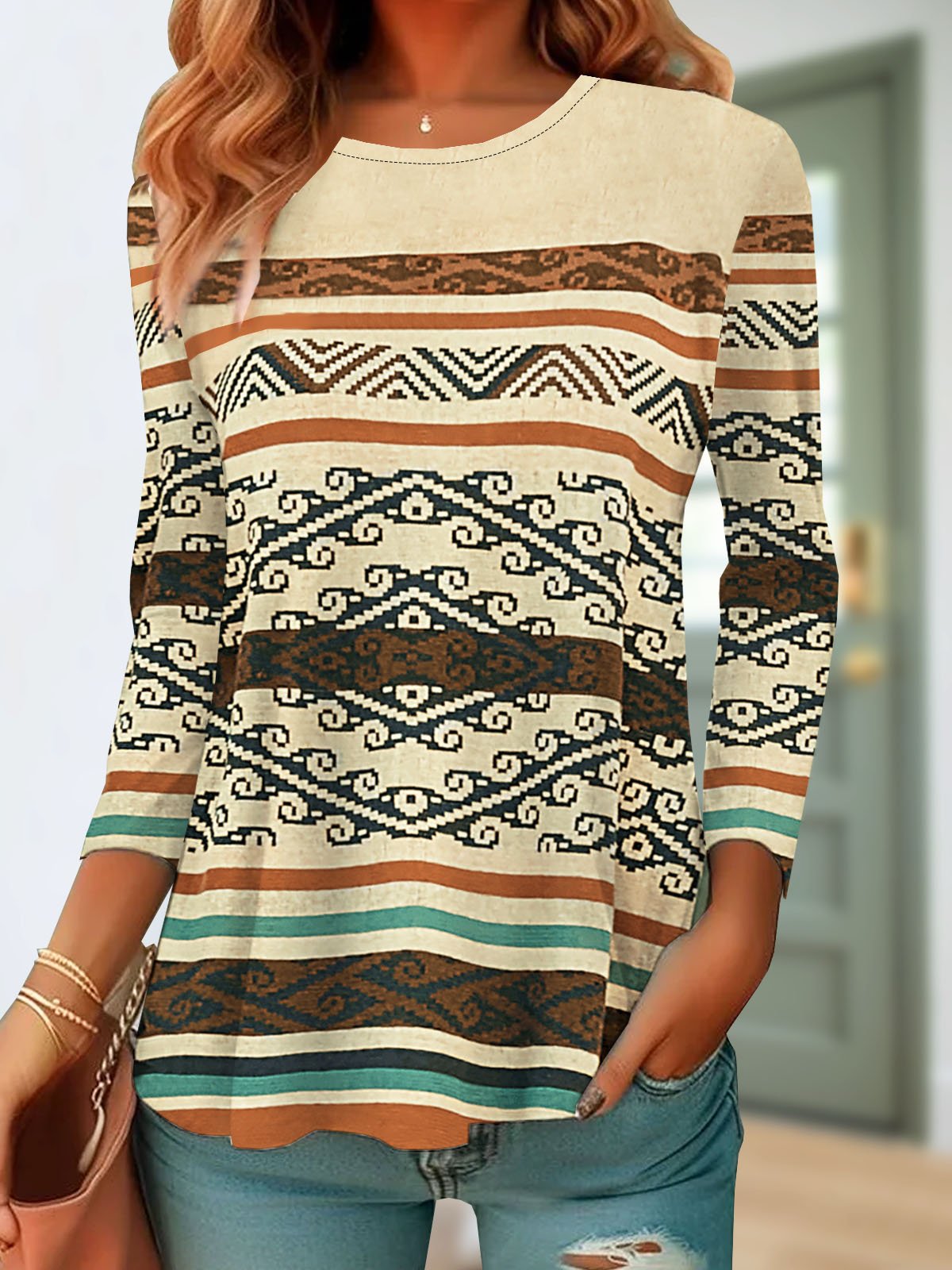 Vintage Ethnic Crew Neck Long Sleeve T-shirt