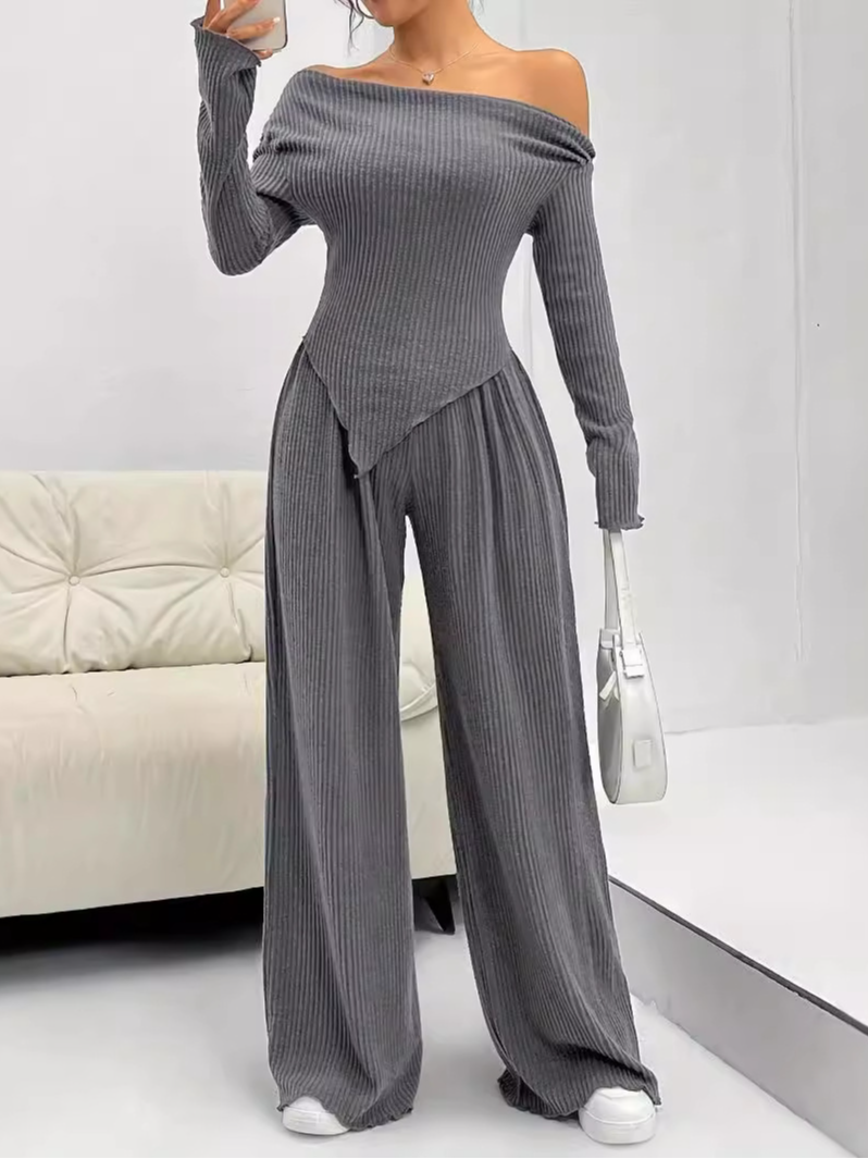 Women Plain Long Sleeve Comfy Casual Top With Pants Two-Piece Set