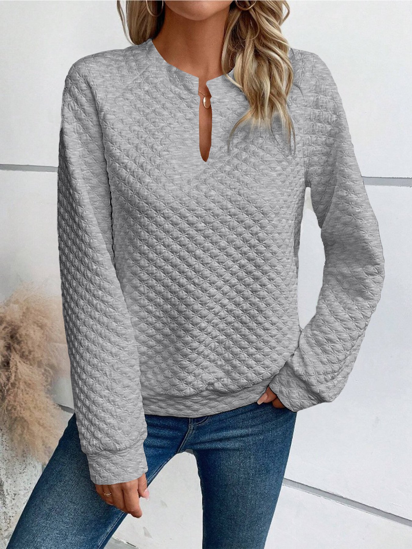 Casual V Neck Plain Sweatshirt Zipper