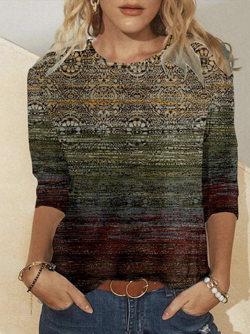 Vintage Ethnic Crew Neck Long Sleeve T-shirt