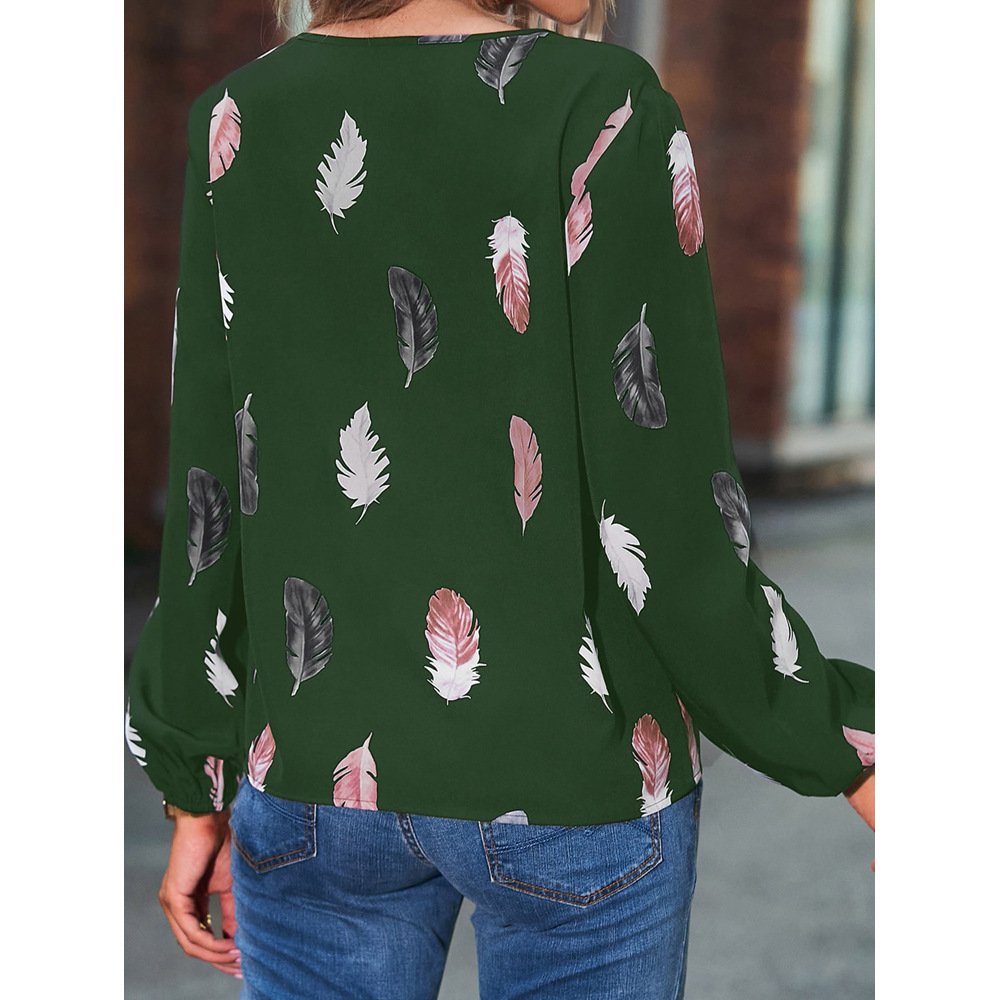 Crew Neck Long Sleeve Leaf Regular Micro-Elasticity Loose Blouse For Women