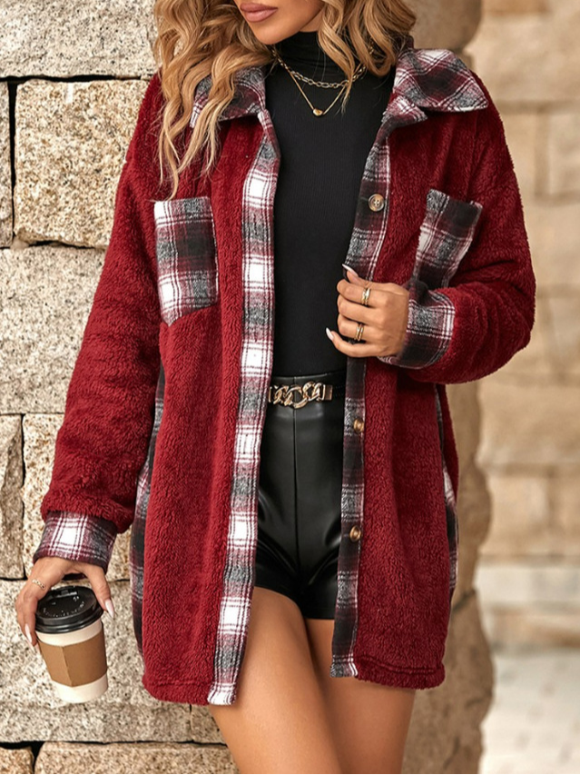 Women's Plaid Split Joint Heavyweight Loose Teddy Jacket