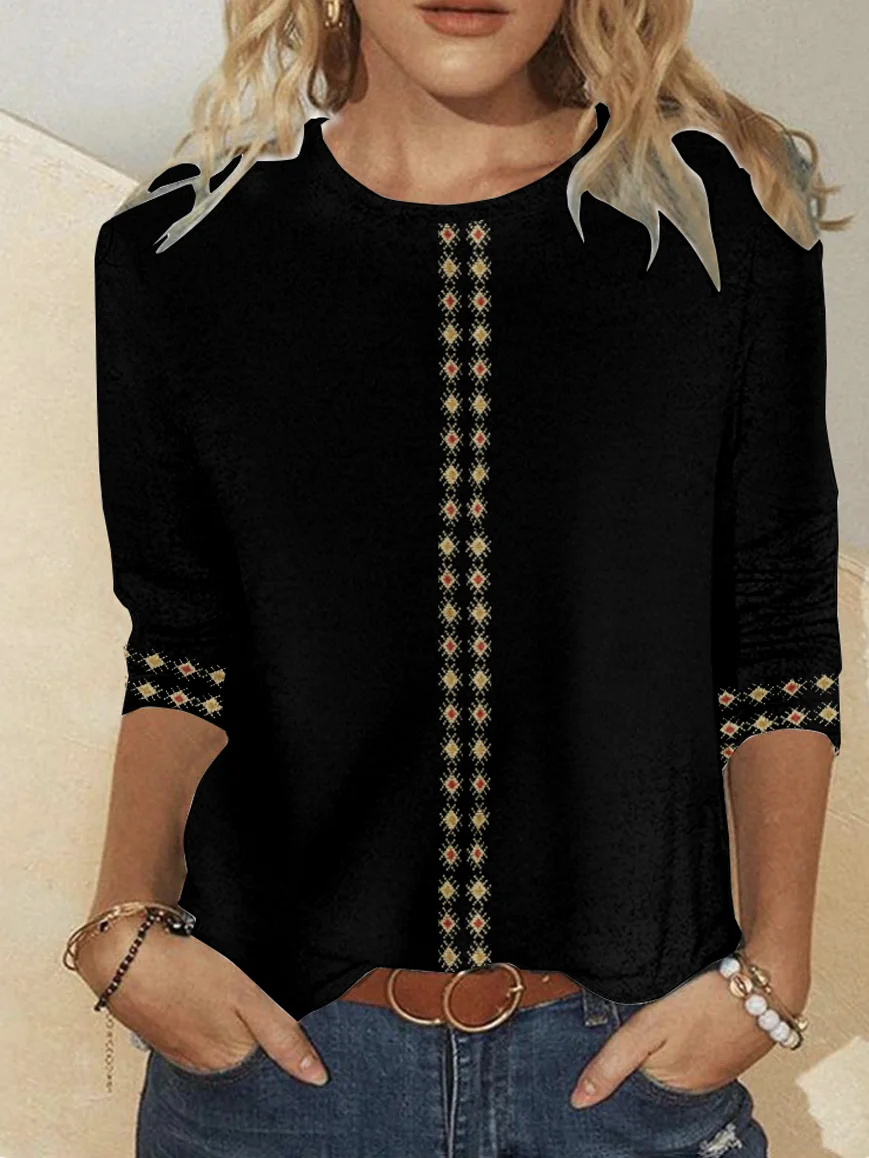 Vintage Ethnic Geometry Crew Neck Long Sleeve T-shirt