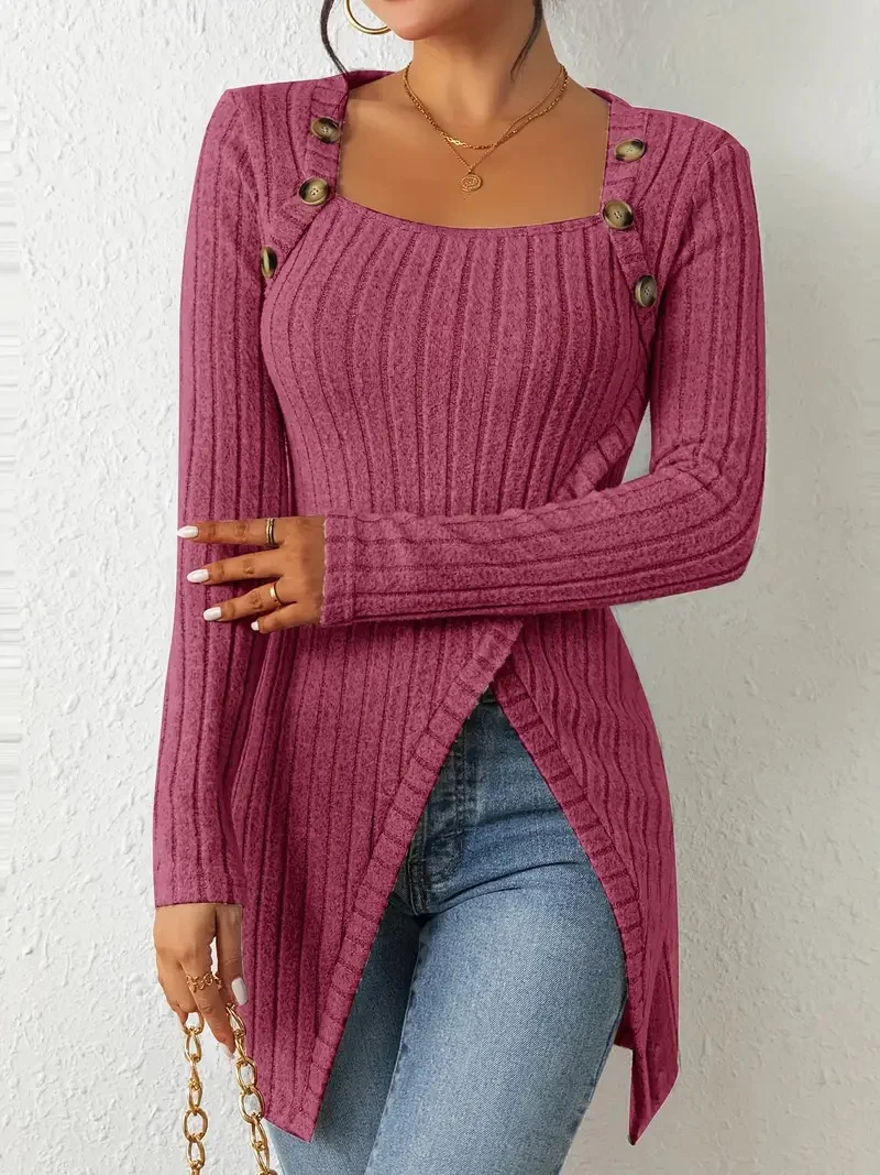 Crew Neck Long Sleeve Plain Regular Loose Blouse For Women