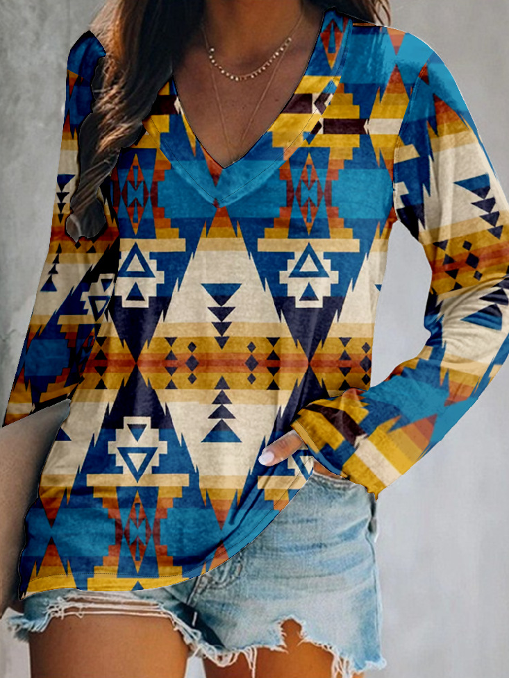 Vintage Ethnic Geometry V Neck Long Sleeve T-shirt