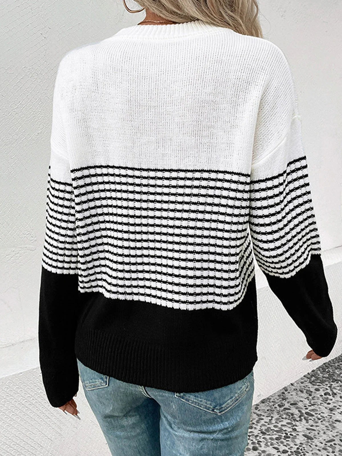 Women Yarn/Wool Yarn Striped Long Sleeve Comfy Casual Sweater