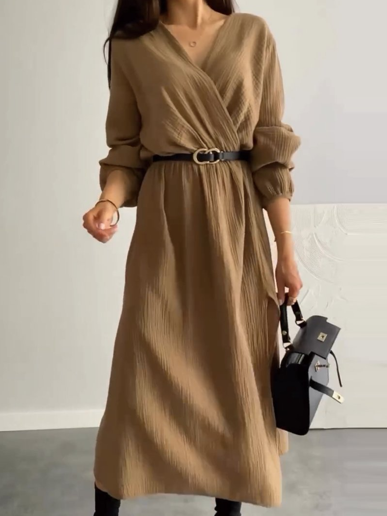 Women Plain V Neck Long Sleeve Comfy Casual Midi Dress