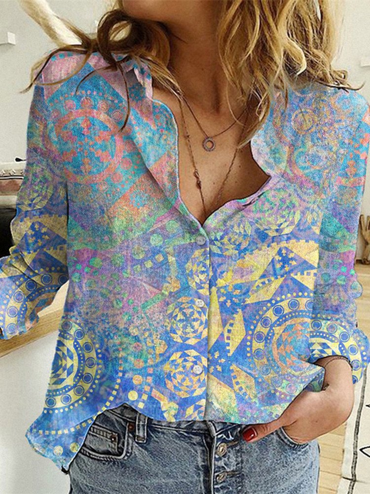 Shirt Collar Long Sleeve Abstract Regular Loose Shirt For Women