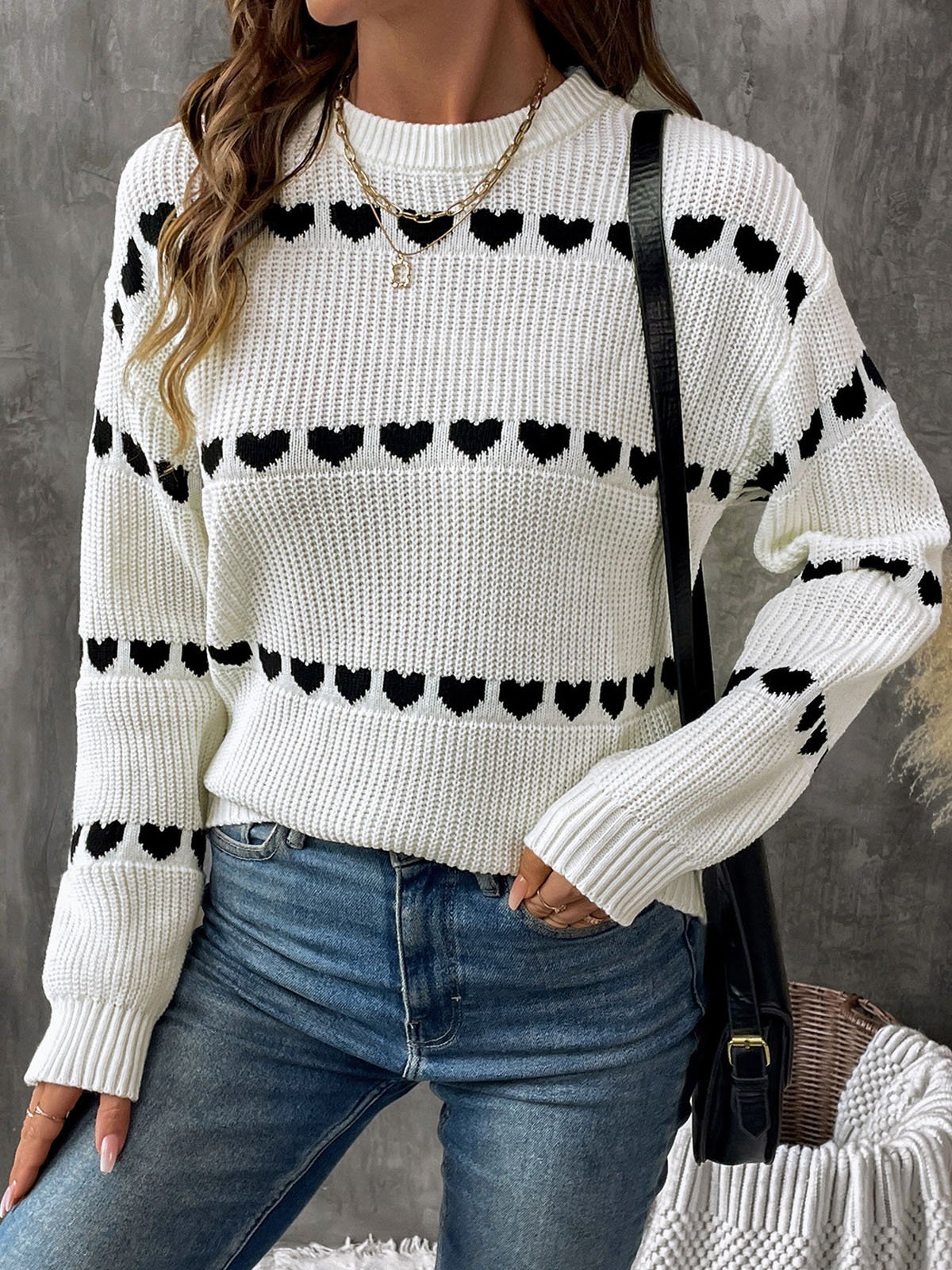 Women Yarn/Wool Yarn Heart/Cordate Long Sleeve Comfy Casual Sweater