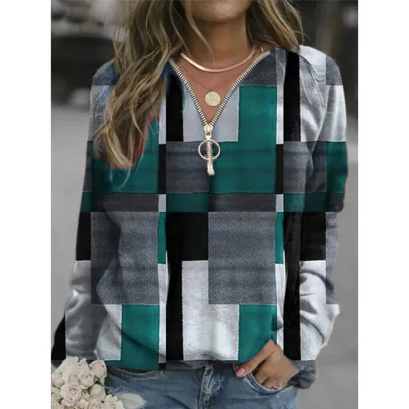 Casual Hoodie Plaid Sweatshirt Zipper