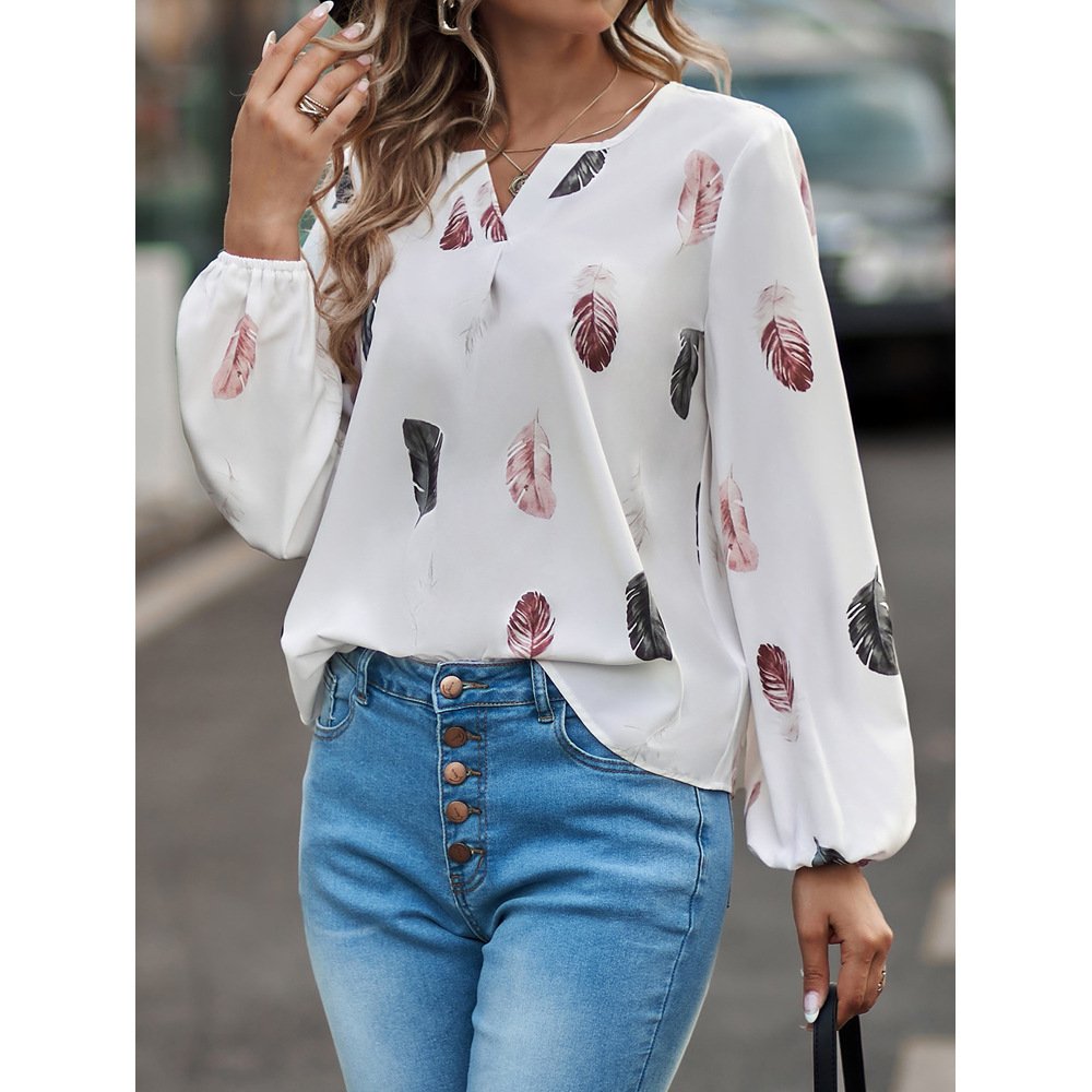 Crew Neck Long Sleeve Leaf Regular Micro-Elasticity Loose Blouse For Women