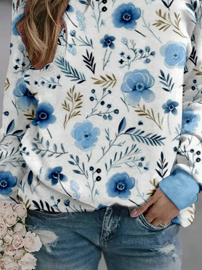 Casual Crew Neck Floral Sweatshirt