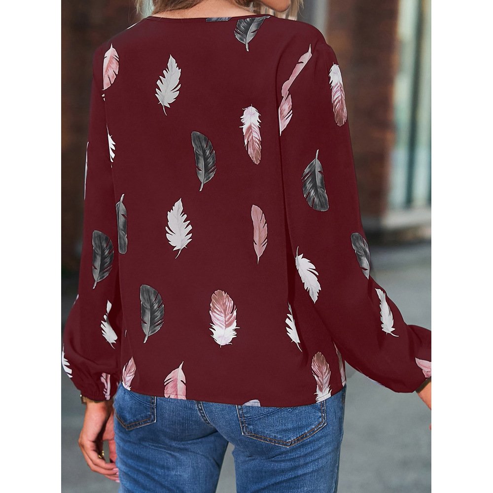 Crew Neck Long Sleeve Leaf Regular Micro-Elasticity Loose Blouse For Women