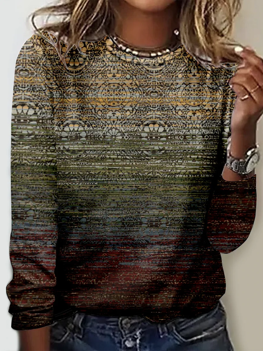 Vintage Ethnic Crew Neck Long Sleeve T-shirt