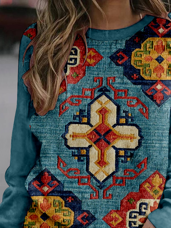 Casual Crew Neck Ethnic Sweatshirt