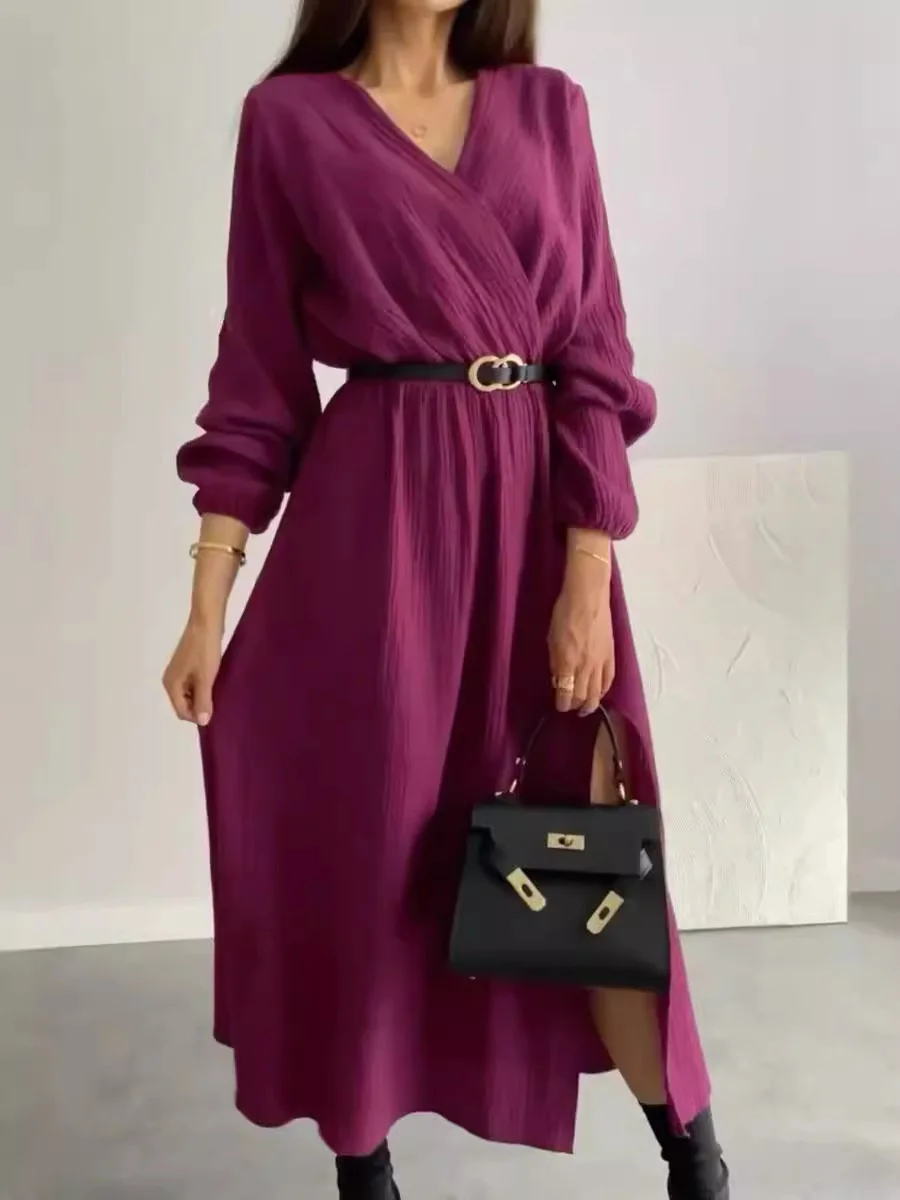 Women Plain V Neck Long Sleeve Comfy Casual Midi Dress