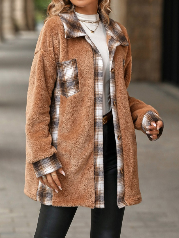 Women's Plaid Split Joint Heavyweight Loose Teddy Jacket