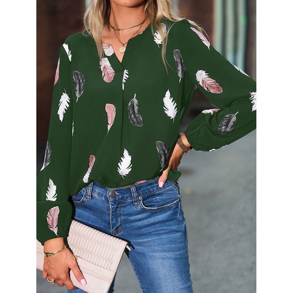 Crew Neck Long Sleeve Leaf Regular Micro-Elasticity Loose Blouse For Women