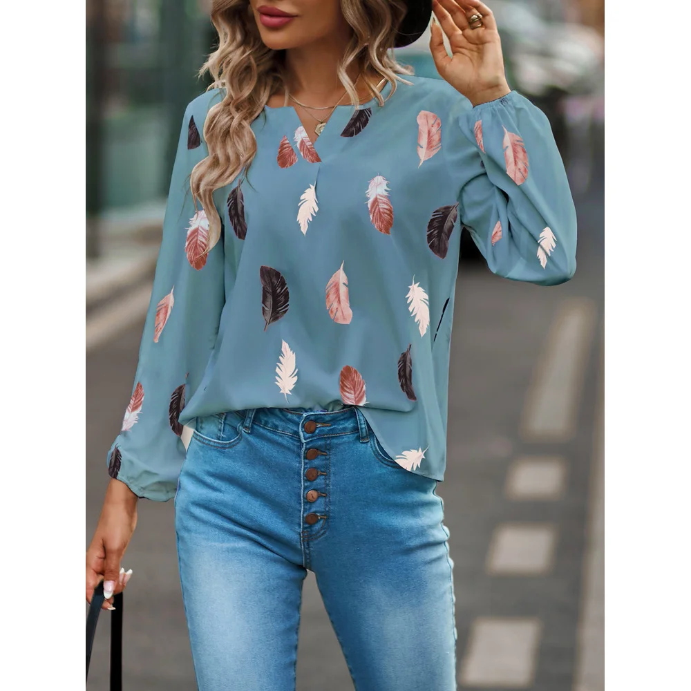 Crew Neck Long Sleeve Leaf Regular Micro-Elasticity Loose Blouse For Women