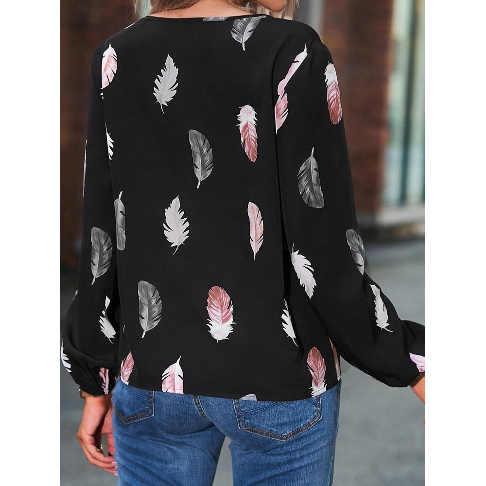 Crew Neck Long Sleeve Leaf Regular Micro-Elasticity Loose Blouse For Women