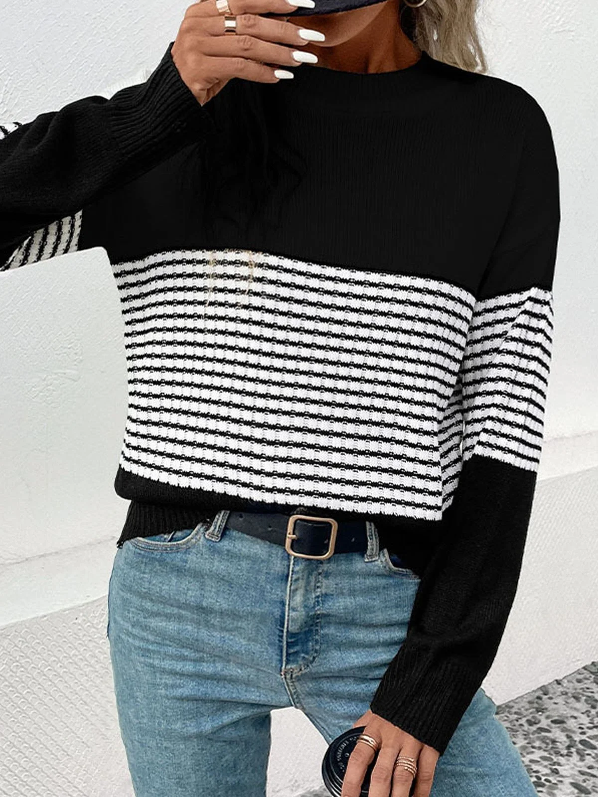 Women Yarn/Wool Yarn Striped Long Sleeve Comfy Casual Sweater