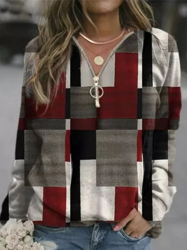 Casual Hoodie Plaid Sweatshirt Zipper