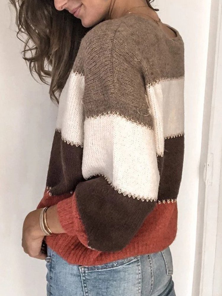 Women Yarn/Wool Yarn Color Block Long Sleeve Comfy Casual Sweater