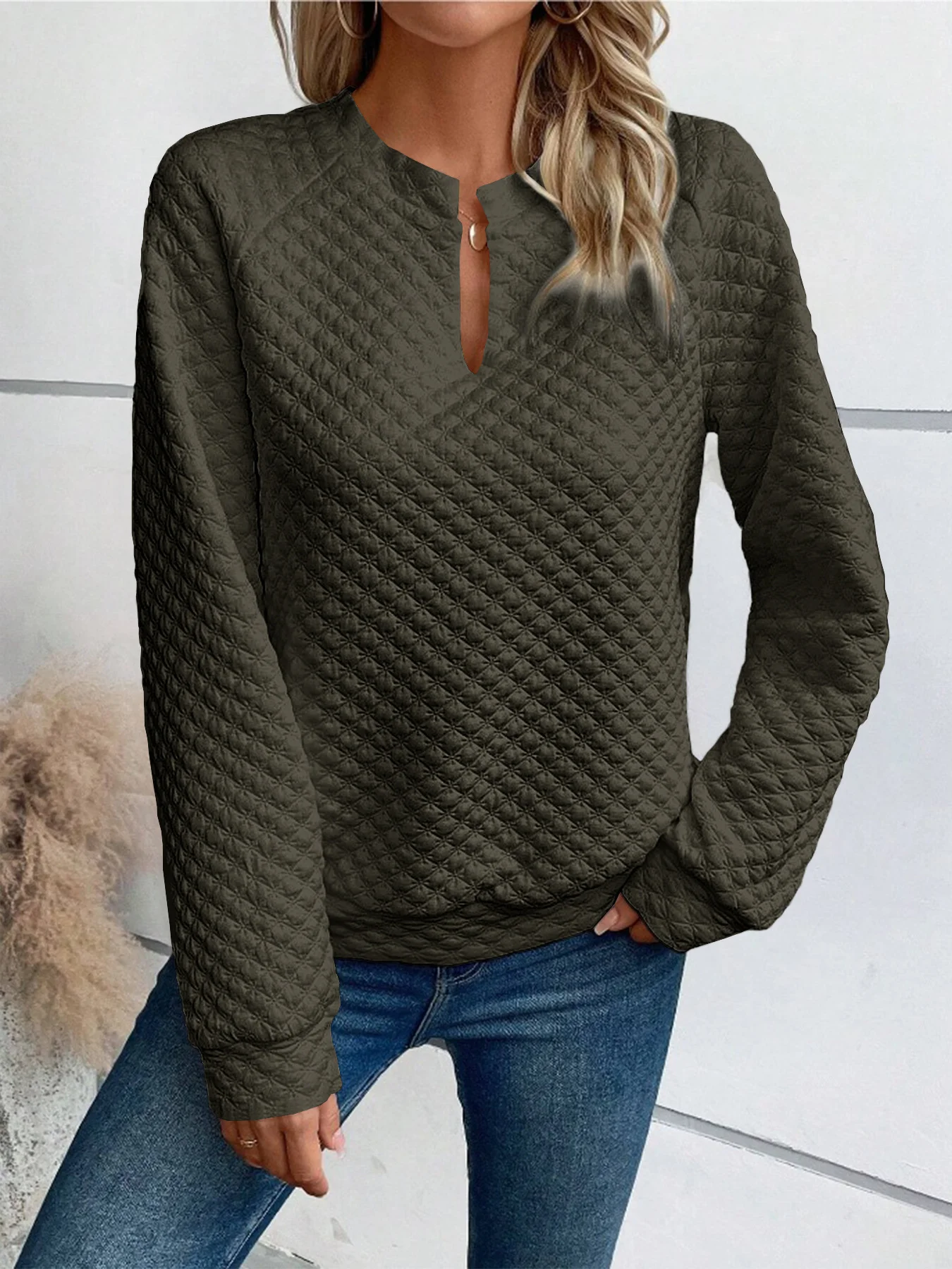 Casual V Neck Plain Sweatshirt Zipper