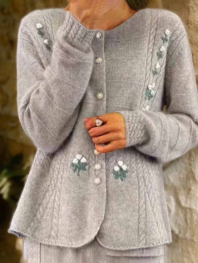 Women Yarn/Wool Yarn Floral Long Sleeve Comfy Casual Buttoned Cardigan