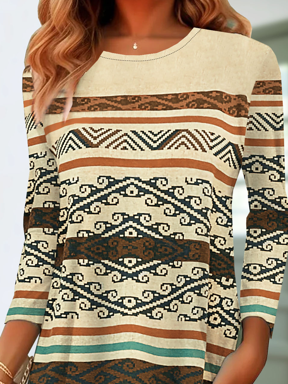 Vintage Ethnic Crew Neck Long Sleeve T-shirt