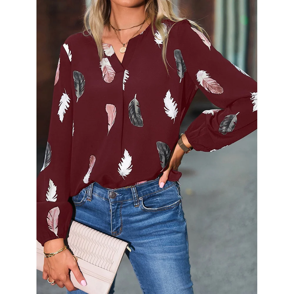 Crew Neck Long Sleeve Leaf Regular Micro-Elasticity Loose Blouse For Women