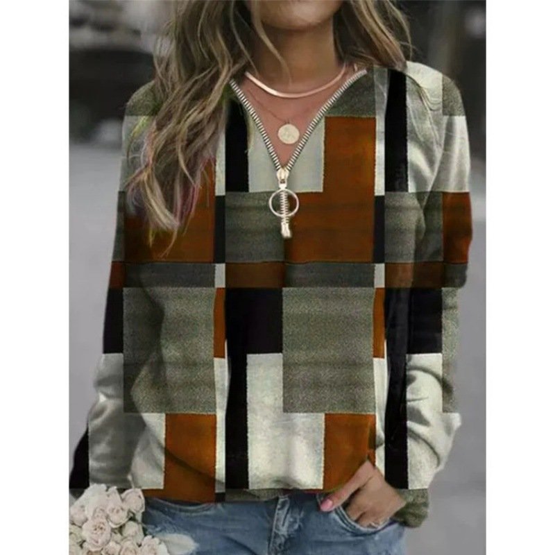 Casual Hoodie Plaid Sweatshirt Zipper